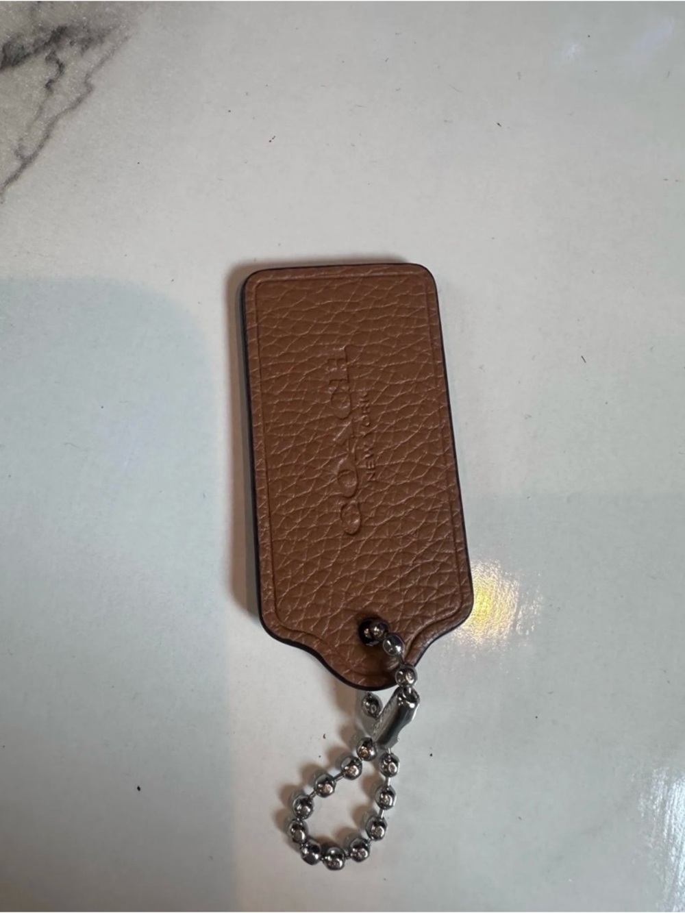 Coach Brown Pebble Leather Key Tag with Silver Chain - Picture 3 of 3
